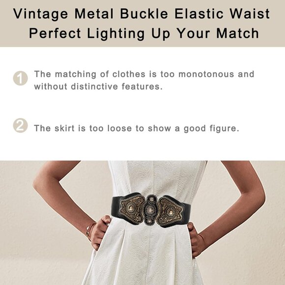 Women's Wide Stretch Elastic Waist Cinch Belt Fashion Vintage Metal Buckle Dress - Picture 3 of 5